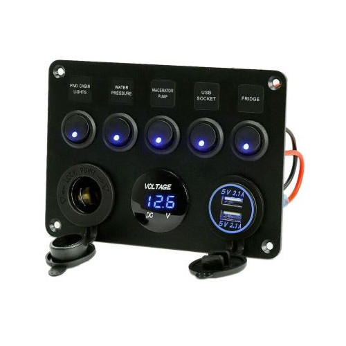 Voltometro multi-funzioni 12V con porte USB e interruttori a bilanciere